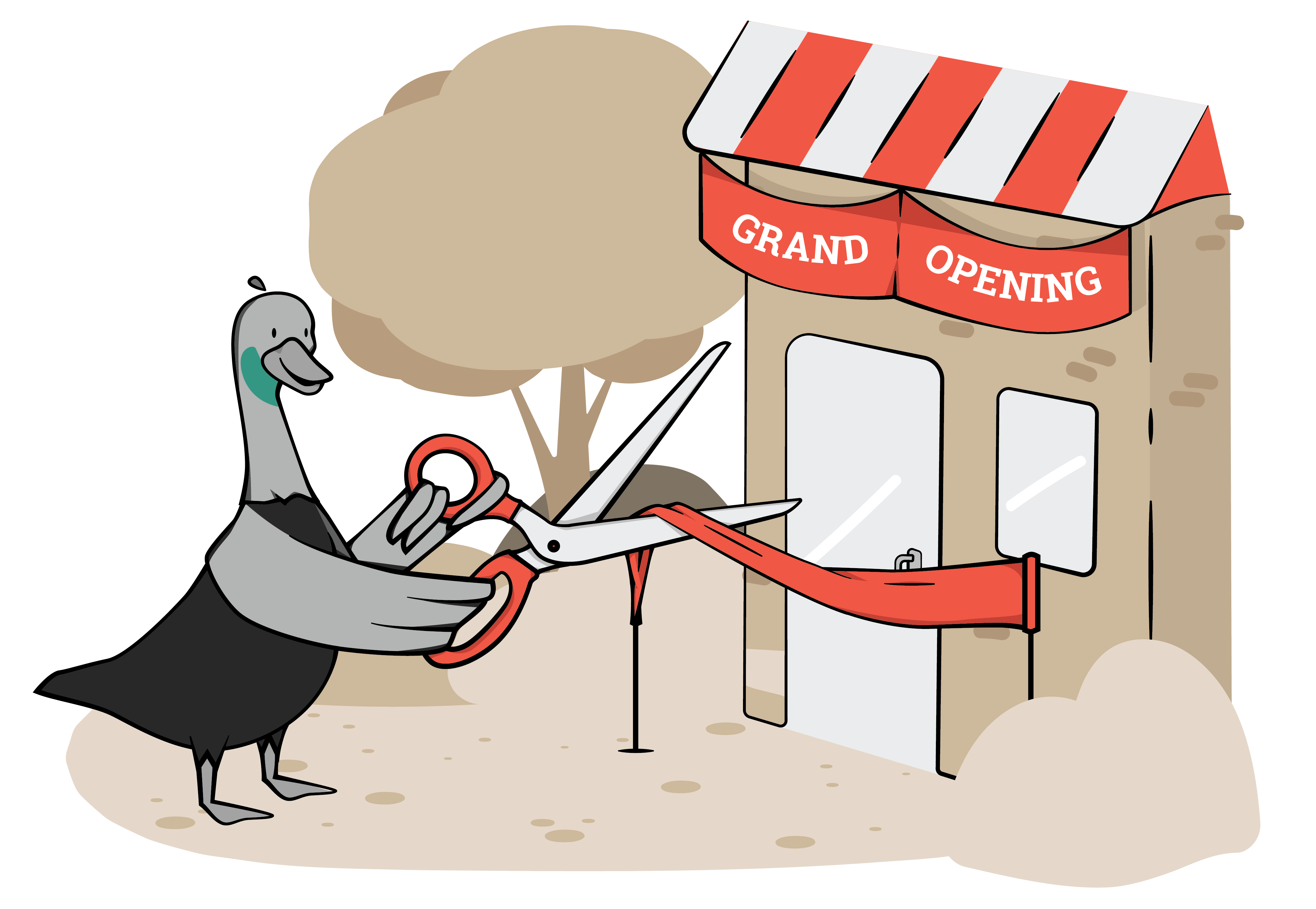 Goose cutting ribbon outside a building with a sign that reads Grand Opening